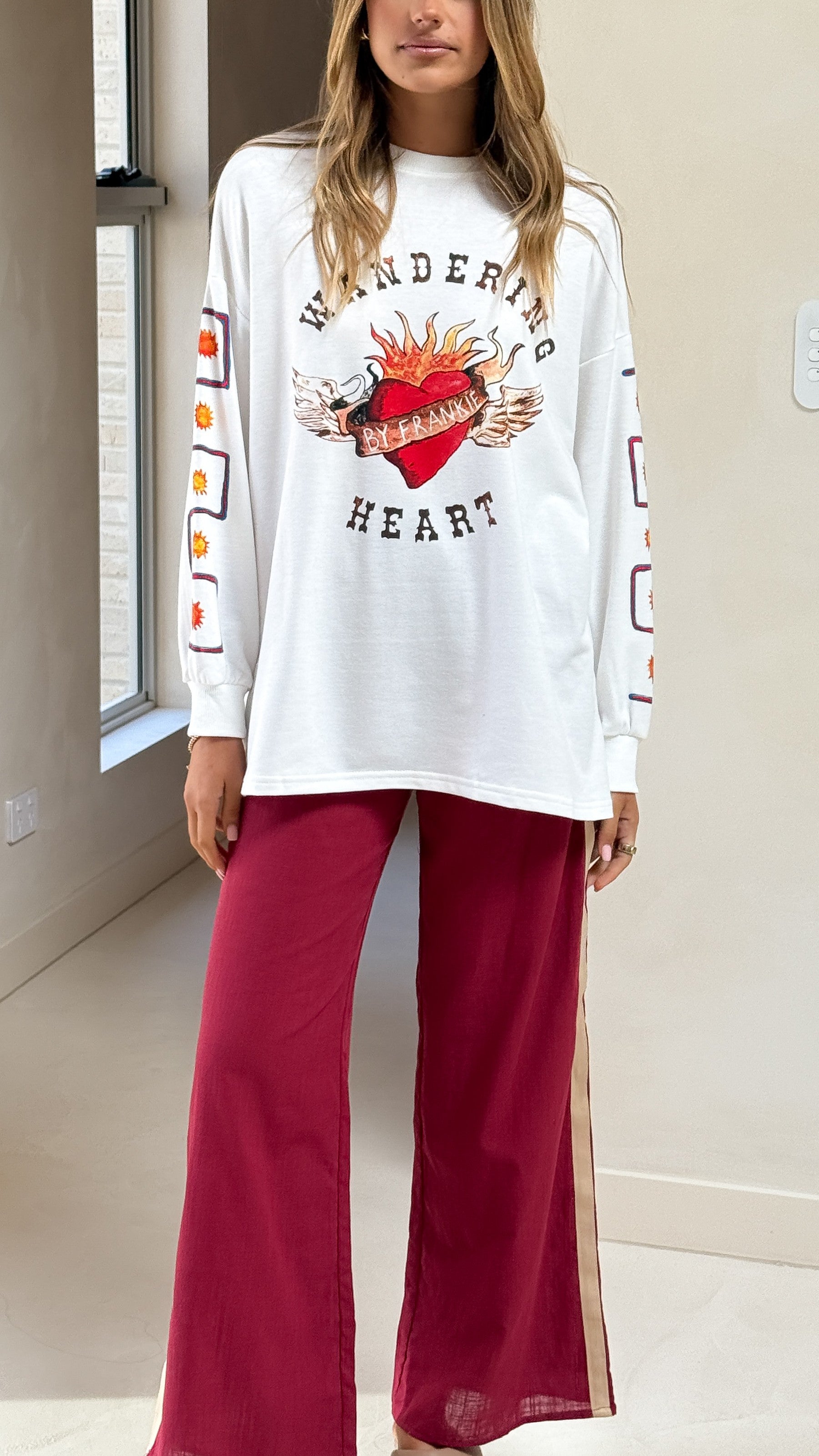 Wandering Heart Long Sleeve Top and Pants Set - Dark Red