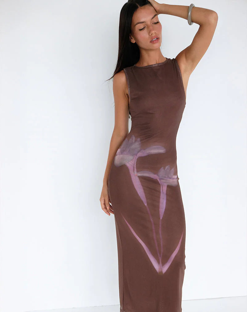 Fayola Maxi Dress in Blurred Floral Print Brown