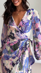 Jemma Long Sleeve Mini Dress - Purple Abstract