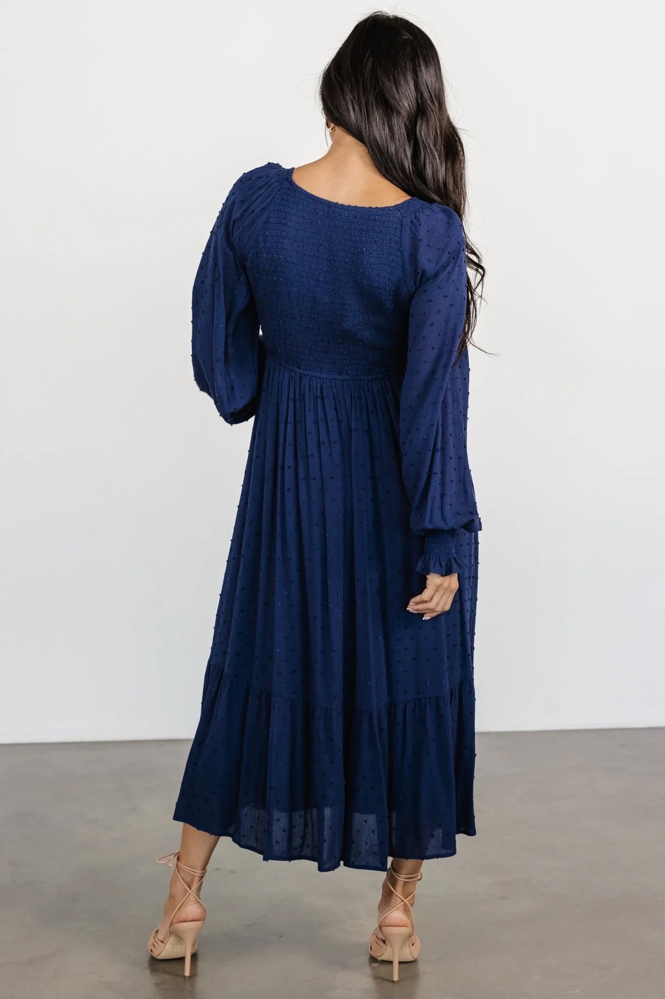 Lainey Smocked Dotted Midi Dress | Midnight Blue